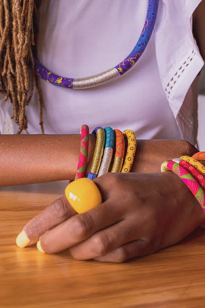 Luyolo Thread-Wrapped Thin Bracelet Cream Silver Small
