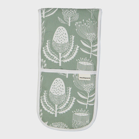 Oven Gloves (Joined) / Floral Kingdom (White On Sage)