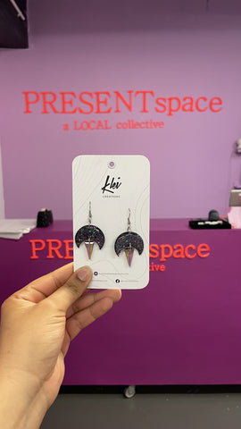 Earrings black crescent moon glitter with crystal