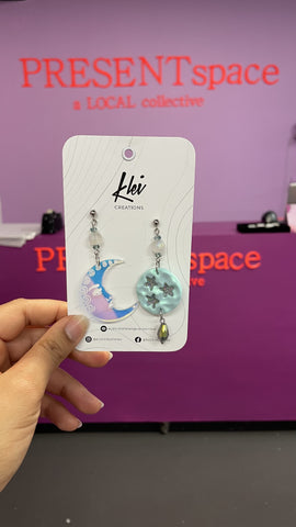 Earrings Asymmetrical Moon and Stars Green