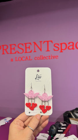 Earrings Cupid pink with red hearts