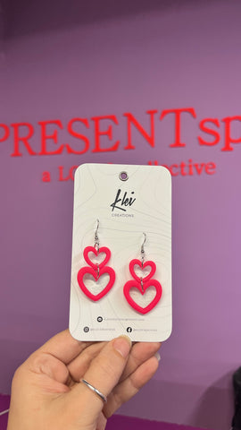 Earrings double heart neon pink