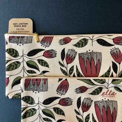 Pencil Bag Cotton (33cm) | Yda in Dusty Pink & Green