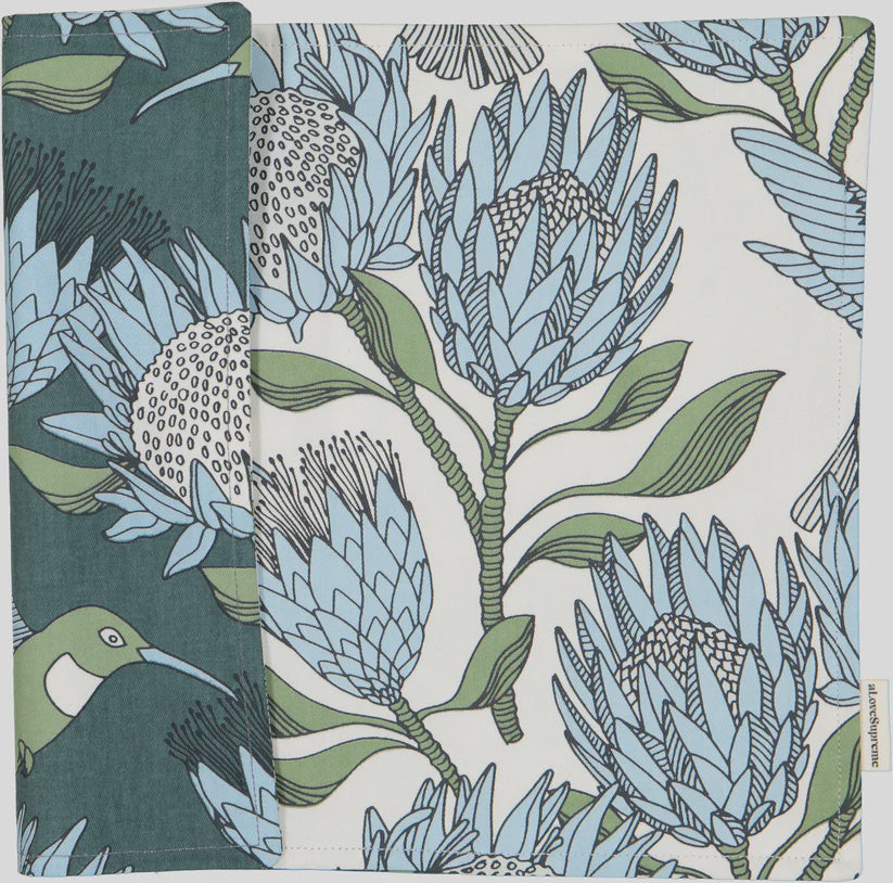 Fabric Placemats (Double Sided) / Protea (Blue On White) /Protea (Blue On Gunmetal)