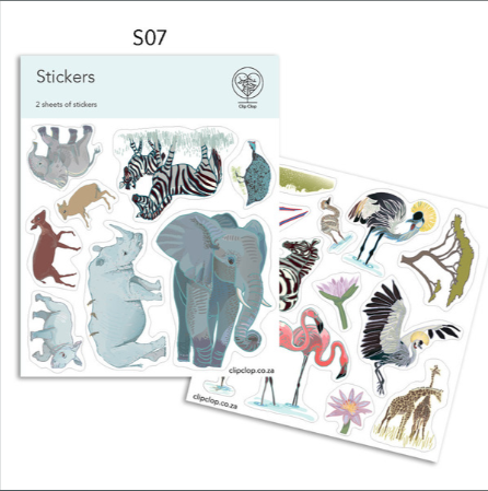 Sticker Sheet Elephant, Rhino, Flamingo