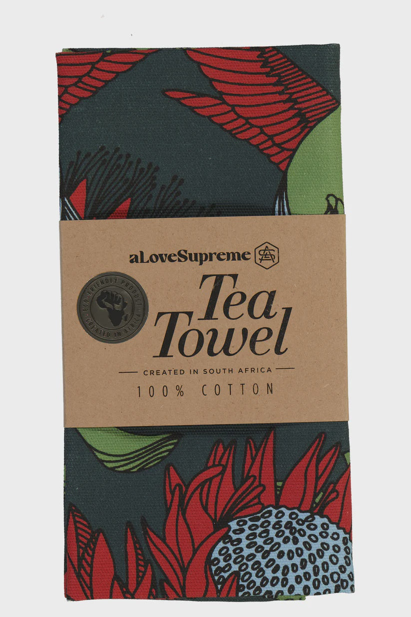 Tea Towels / Protea (Red On Gunmetal)