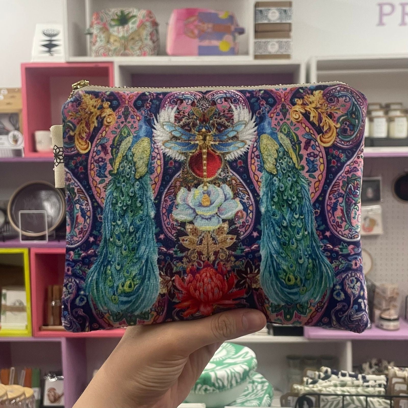 Cosmetic Bag | Velvet | Birds & Botanical Range | Peacocks On Paisley