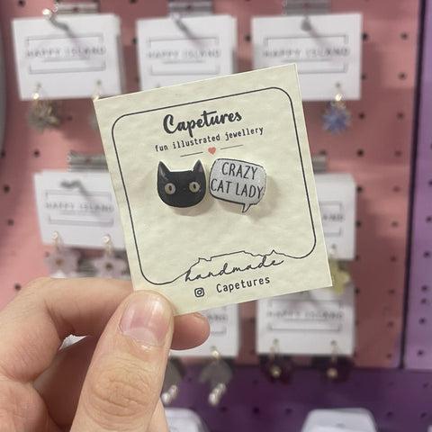 Earrings Studs Cat Black + Crazy Cat Lady