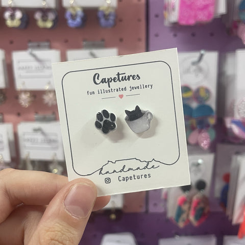Earrings Studs Cat Black +Paw