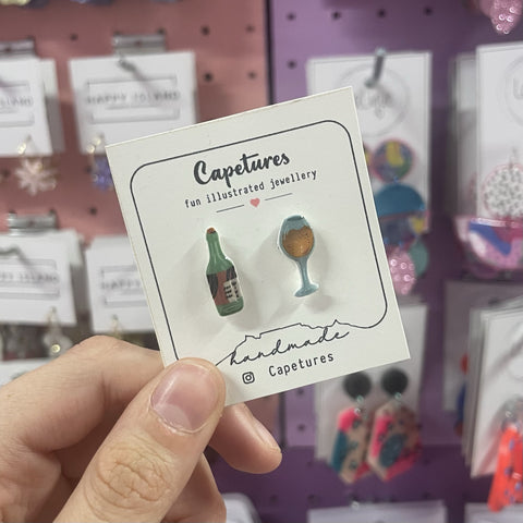 Earrings Studs Wine Glass White + Bottle