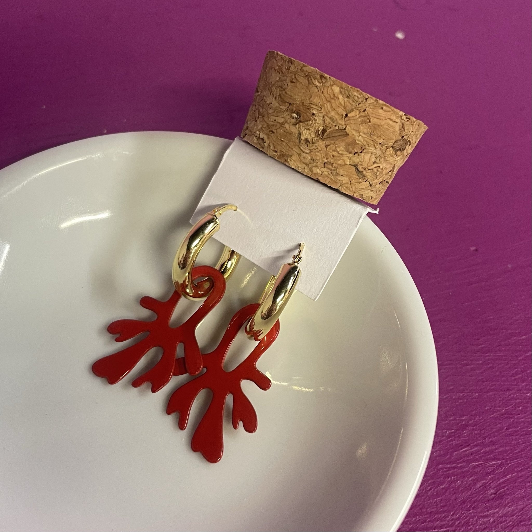 Hoops & Charm, Kelp, Red, Gold Plated