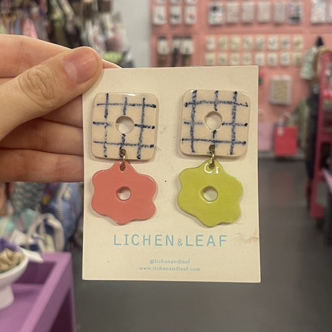Earrings | Ceramic | Collage Drop | White & Green & Pink
