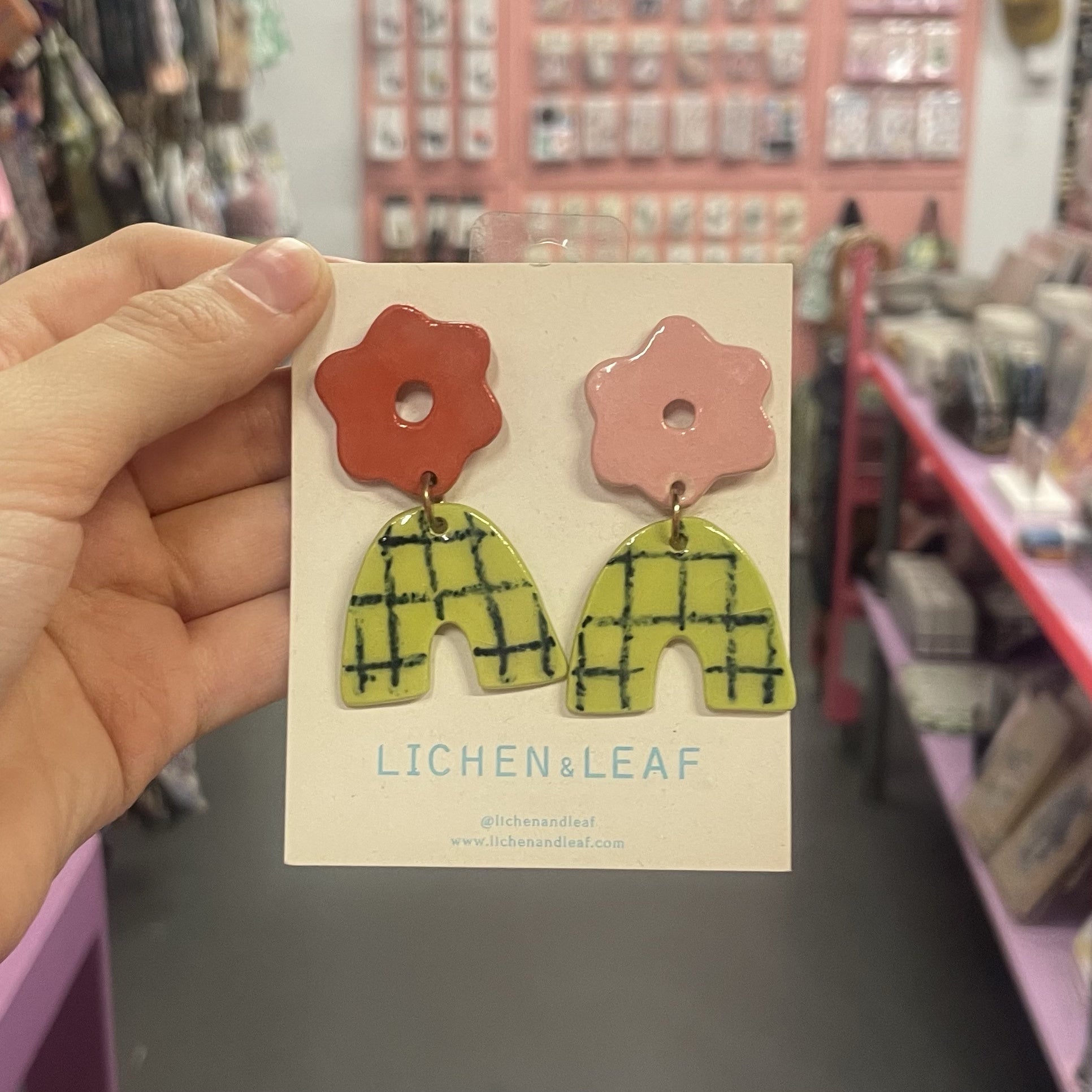 Earrings | Ceramic | Collage Drop | Green & Orange & Pink