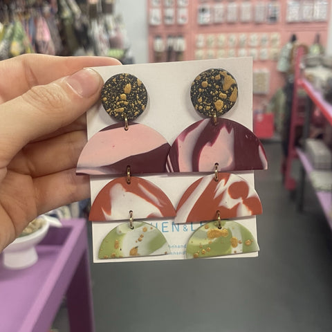 Earrings | Polymer | Chandelier | Marble purple, orange, green