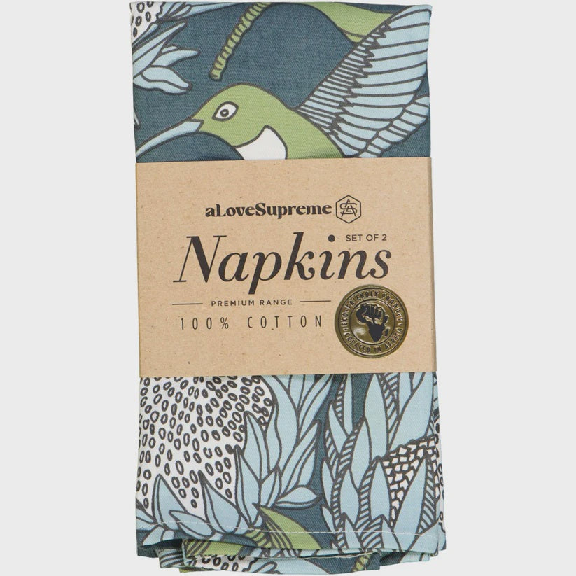 Fabric Napkins (2 Set) / Protea (Blue On Gunmetal)