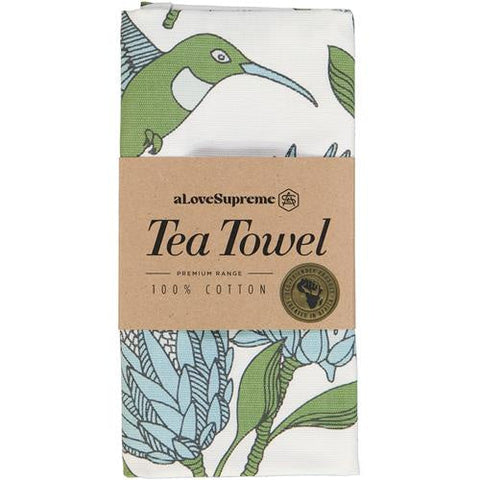 Tea Towel Protea Blue on White