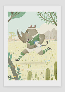 Print A3 Sports Animals Rugby Rhino